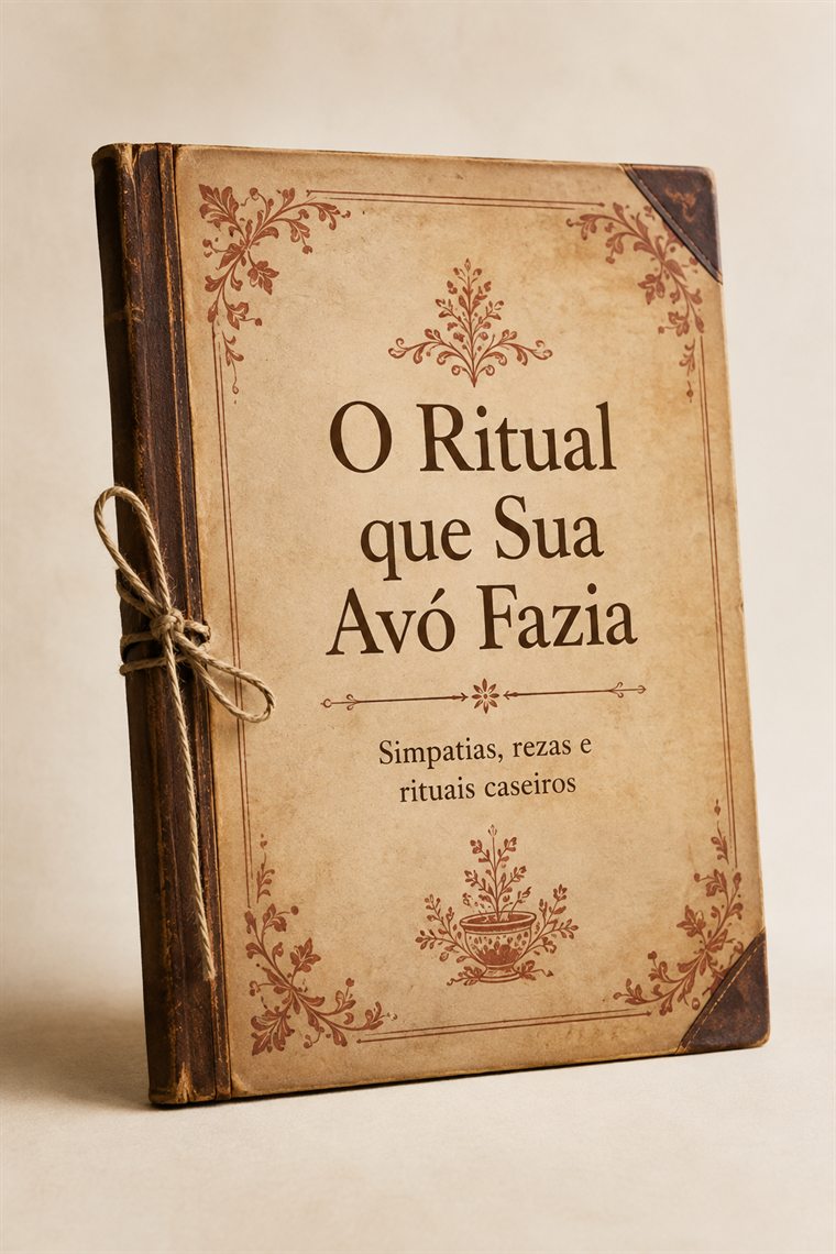 Capa do caderno “O Ritual que Sua Avó Fazia — simpatias, rezas e rituais caseiros”, um livro antigo de capa em papel envelhecido atado com cordel.
