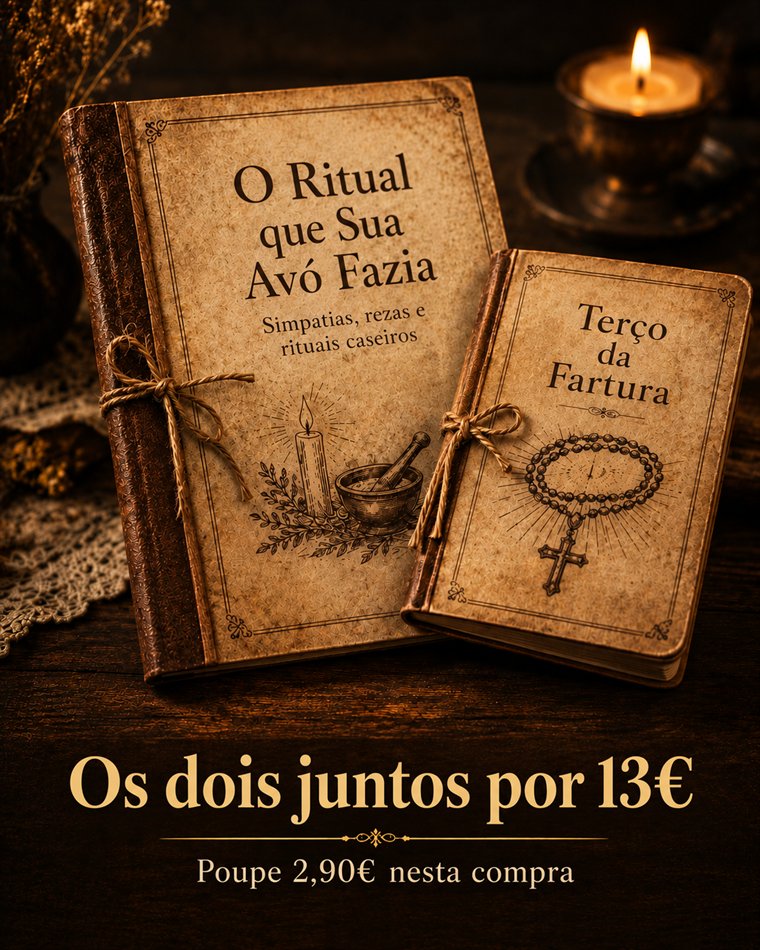 Os dois cadernos lado a lado sobre uma mesa de madeira à luz de vela: “O Ritual que Sua Avó Fazia” e o “Terço da Fartura”.
