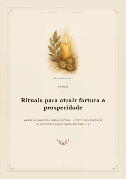 Página de abertura da Parte II do caderno, com uma ilustração de vela, moedas e folhas de louro.