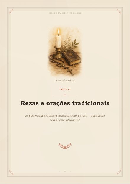 Página de abertura da Parte III do caderno, com uma ilustração de terço, vela e missal.